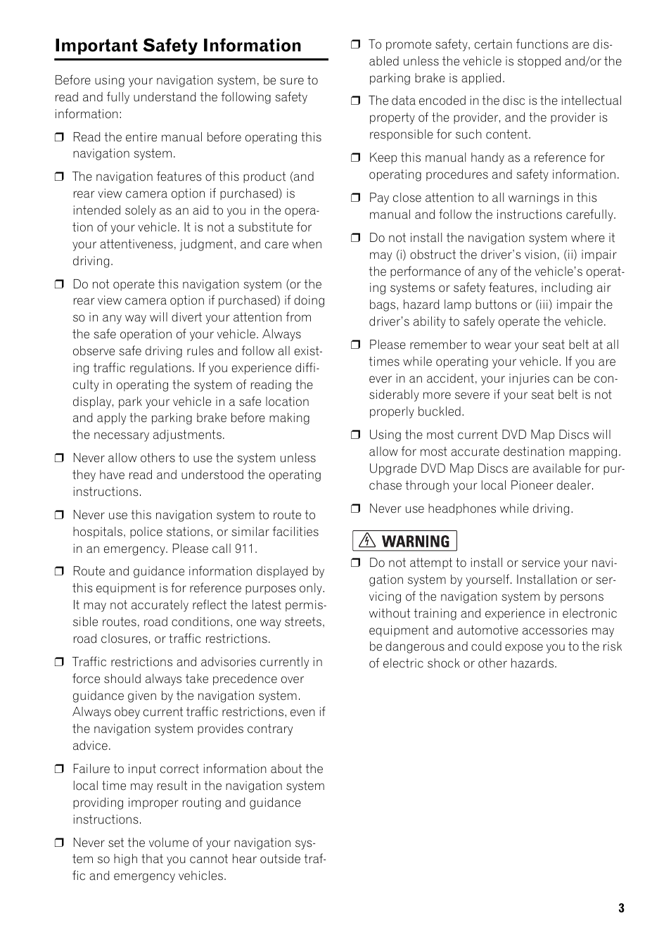 Important safety information 3, Important safety information | Pioneer AVIC-D2 User Manual | Page 5 / 27