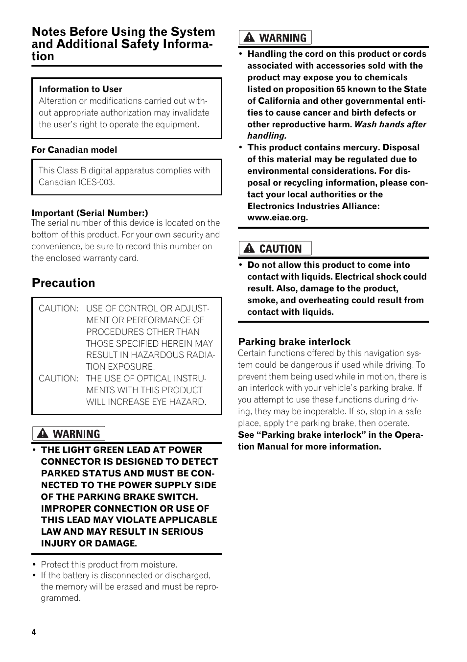 Notes before using the system and additional, Safety information 4, Precaution 4 | Precaution | Pioneer AVIC-D2 User Manual | Page 6 / 27