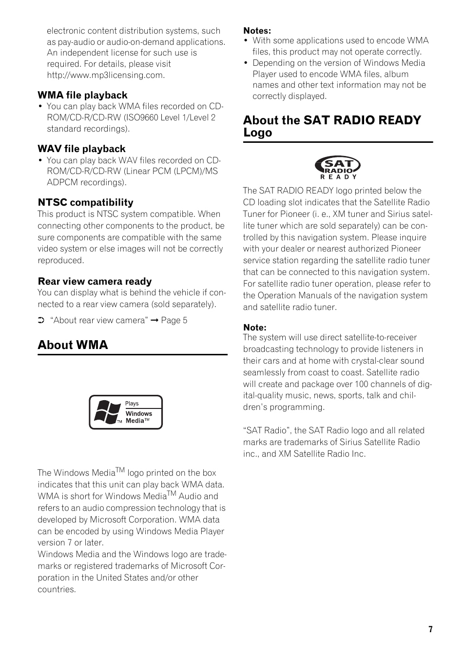 About wma 7 about the sat radio ready logo 7, About wma, About the sat radio ready logo | Pioneer AVIC-D2 User Manual | Page 9 / 27