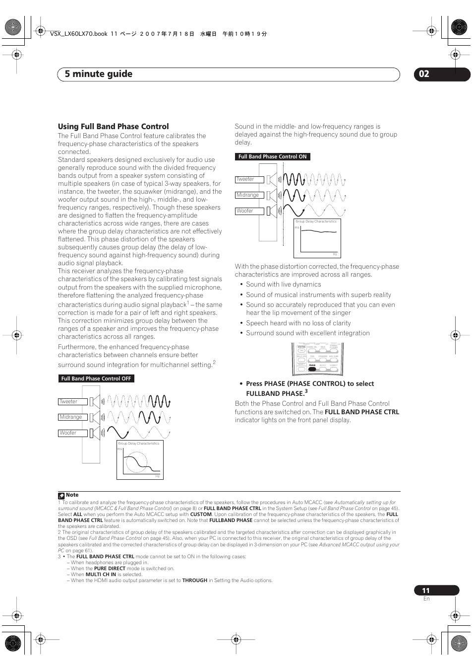 Using full band phase control, 5 minute guide 02 | Pioneer VSX-LX70 User Manual | Page 11 / 96