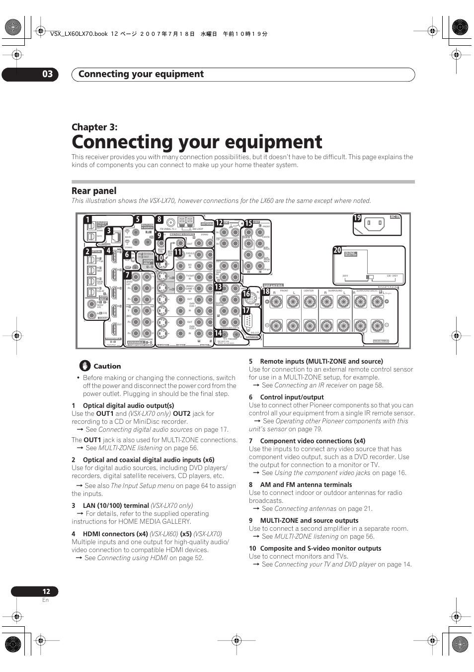 03 connecting your equipment, Rear panel, Connecting your equipment | Connecting your equipment 03, Chapter 3, Caution, 1optical digital audio output(s), Use the, Out1, Vsx-lx70 only) | Pioneer VSX-LX70 User Manual | Page 12 / 96