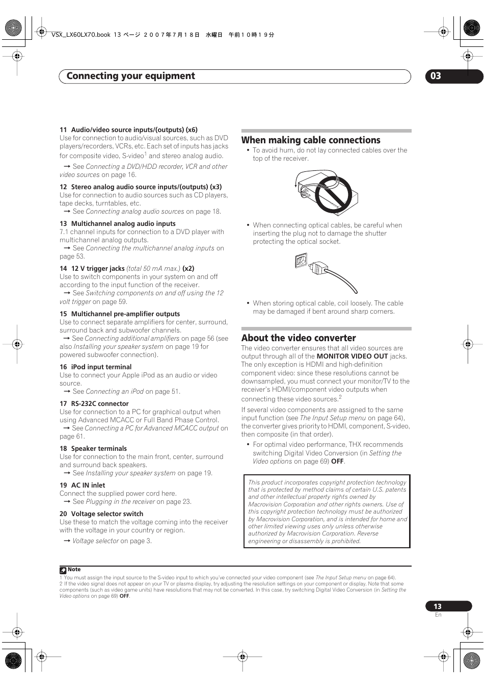 Connecting your equipment 03, When making cable connections, About the video converter | Pioneer VSX-LX70 User Manual | Page 13 / 96
