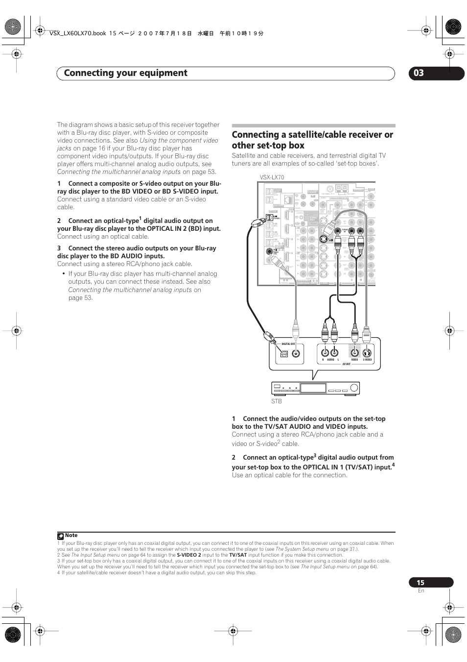 Connecting your equipment 03, Using the component video jacks, Connecting the multichannel analog inputs | On page 53, Bd video, Bd s-video, Input, 2connect an optical-type, Optical in 2 (bd), Connect using an optical cable | Pioneer VSX-LX70 User Manual | Page 15 / 96