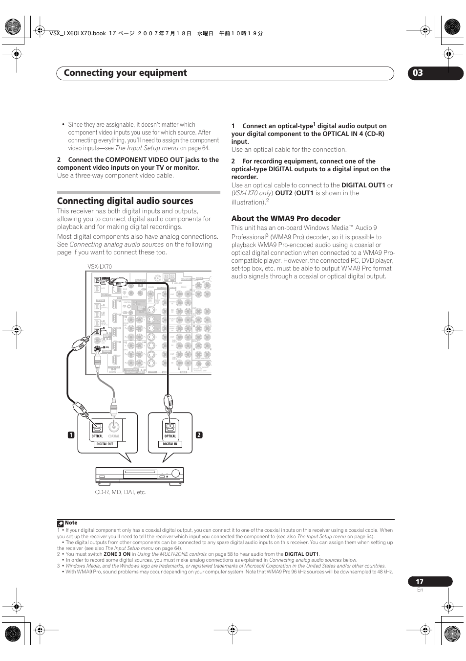 Connecting digital audio sources, About the wma9 pro decoder, Connecting your equipment 03 | The input setup menu, On page 64, 2connect the, Component video out, Use a three-way component video cable, Connecting analog audio sources, 1connect an optical-type | Pioneer VSX-LX70 User Manual | Page 17 / 96