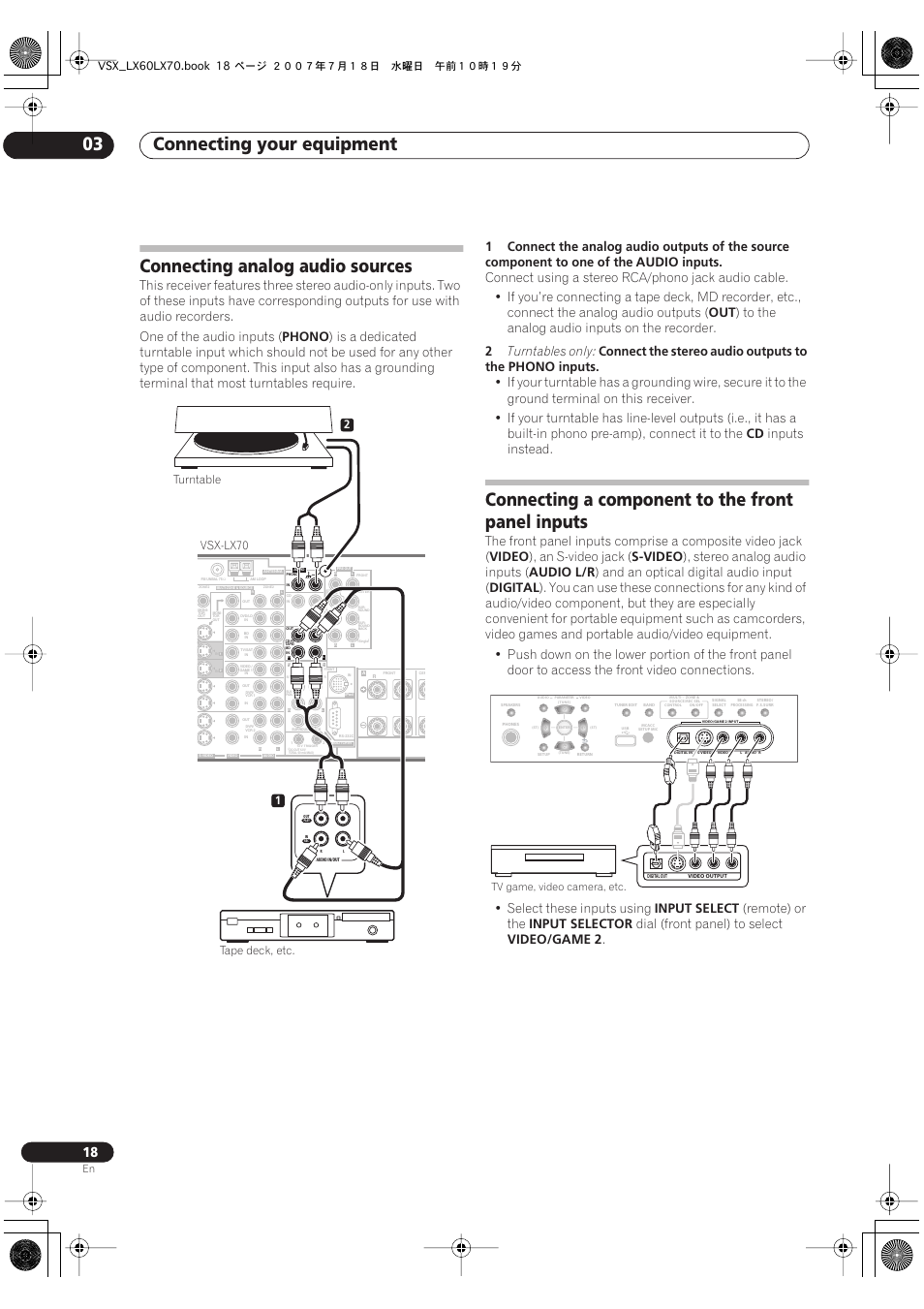 Connecting your equipment 03, Connecting analog audio sources, Connecting a component to the front panel inputs | Phono, Audio, Inputs, Turntables only, Connect the stereo audio outputs to the, Inputs instead, Video | Pioneer VSX-LX70 User Manual | Page 18 / 96