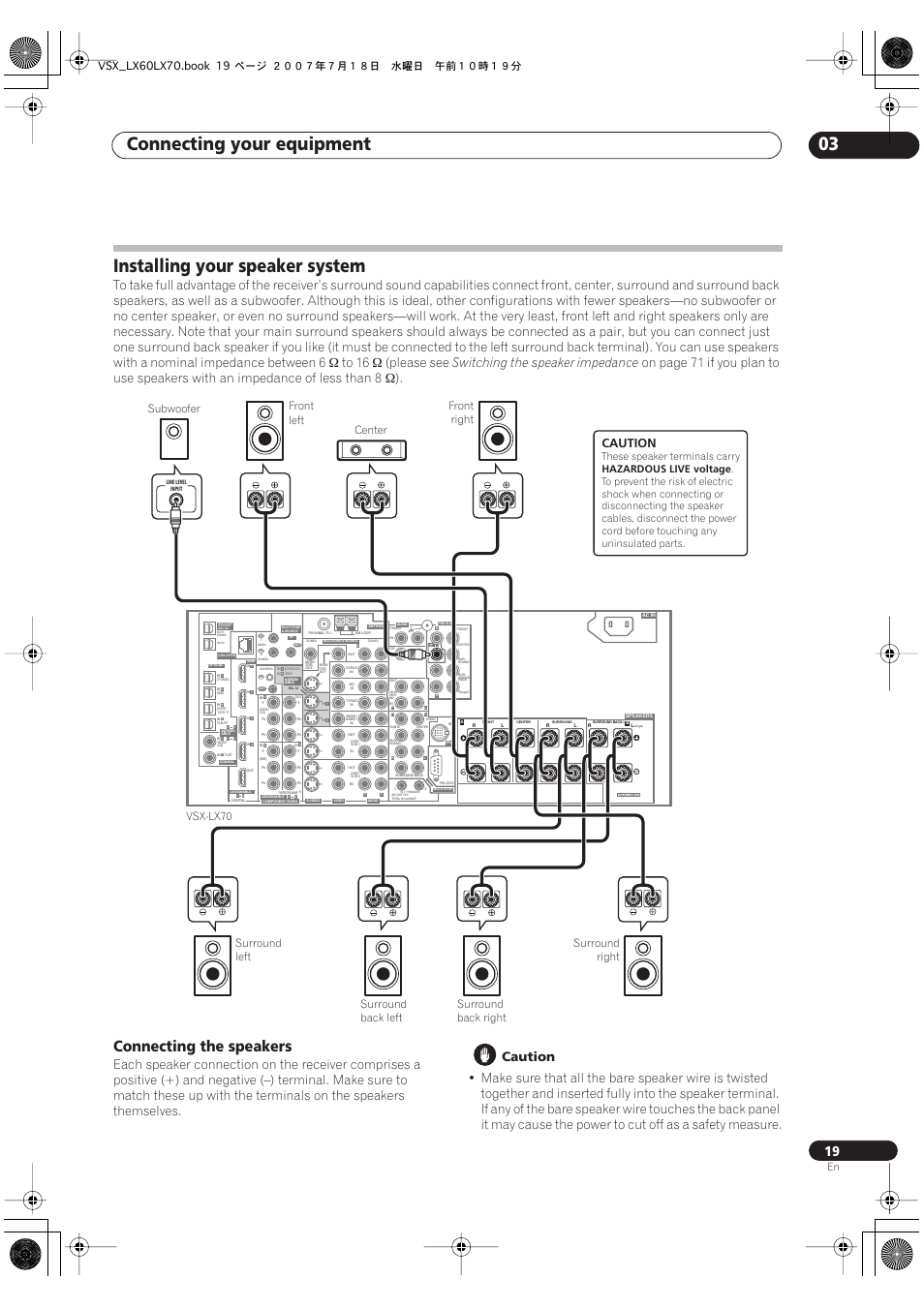 Installing your speaker system, Connecting the speakers, Connecting your equipment 03 | Please see, Switching the speaker impedance, Caution, Subwoofer | Pioneer VSX-LX70 User Manual | Page 19 / 96
