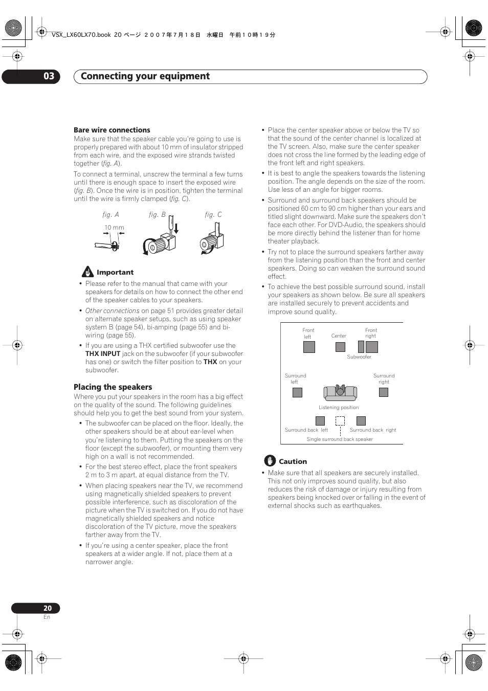 Placing the speakers, Connecting your equipment 03 | Pioneer VSX-LX70 User Manual | Page 20 / 96