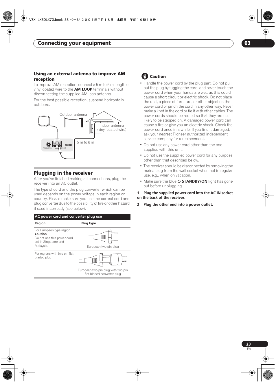 Using an external antenna to improve am reception, Plugging in the receiver, Connecting your equipment 03 | Pioneer VSX-LX70 User Manual | Page 23 / 96