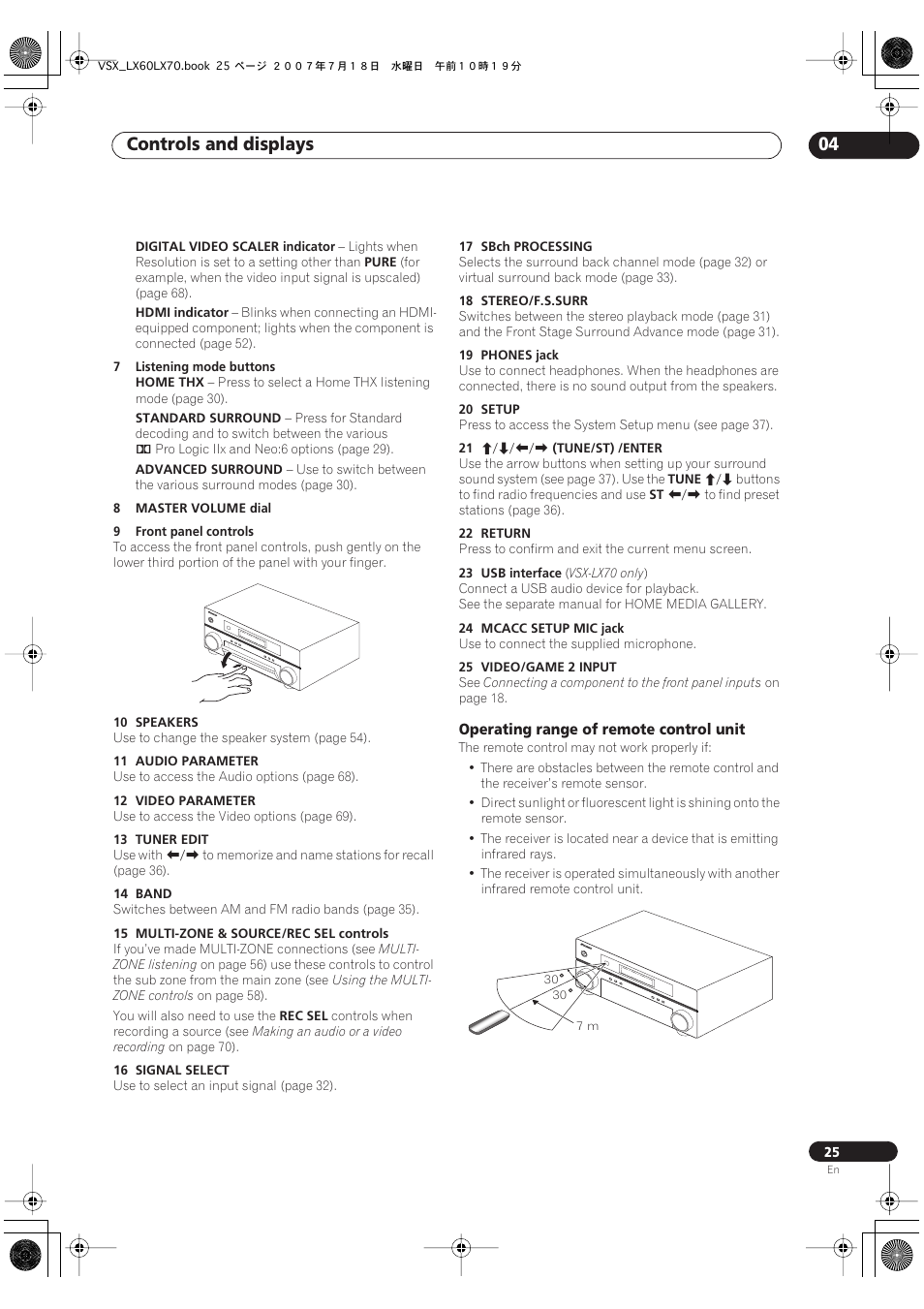 Operating range of remote control unit, Controls and displays 04 | Pioneer VSX-LX70 User Manual | Page 25 / 96