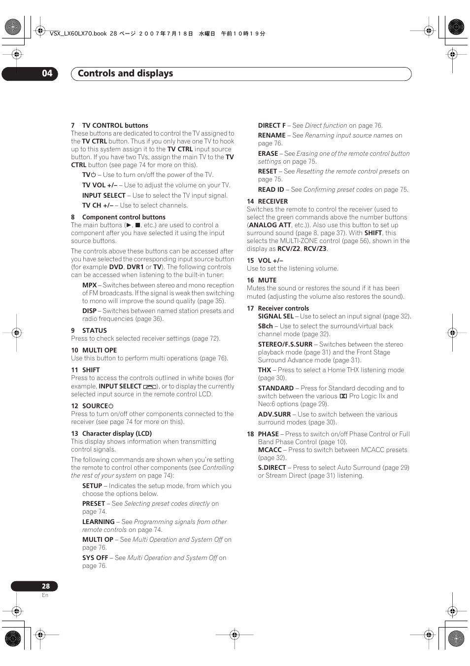Controls and displays 04 | Pioneer VSX-LX70 User Manual | Page 28 / 96