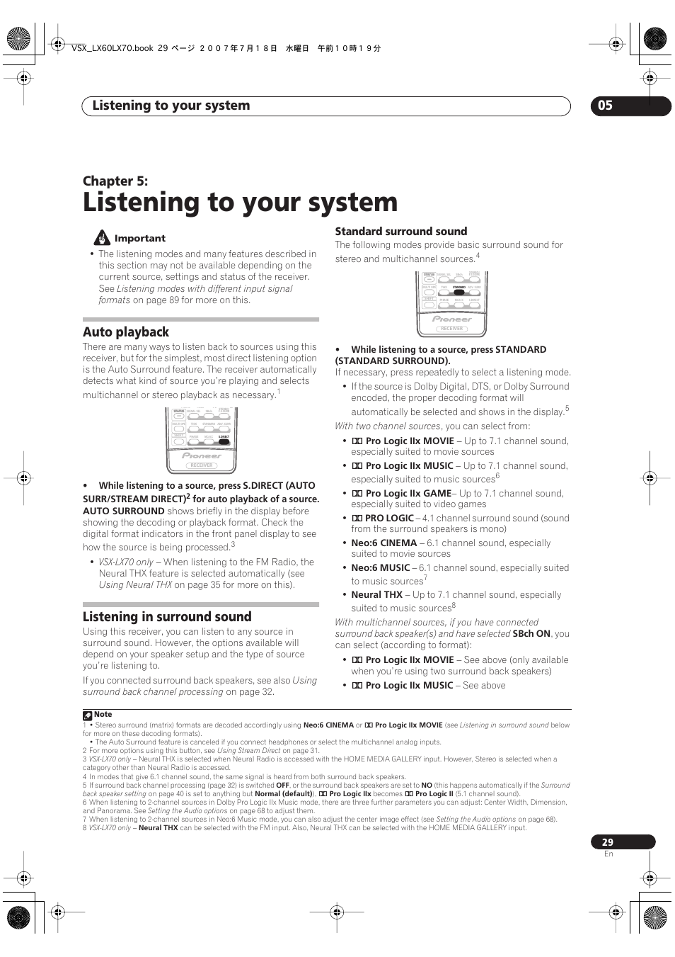 05 listening to your system, Auto playback listening in surround sound, Standard surround sound | Listening to your system, Listening to your system 05, Chapter 5, Auto playback, Listening in surround sound | Pioneer VSX-LX70 User Manual | Page 29 / 96