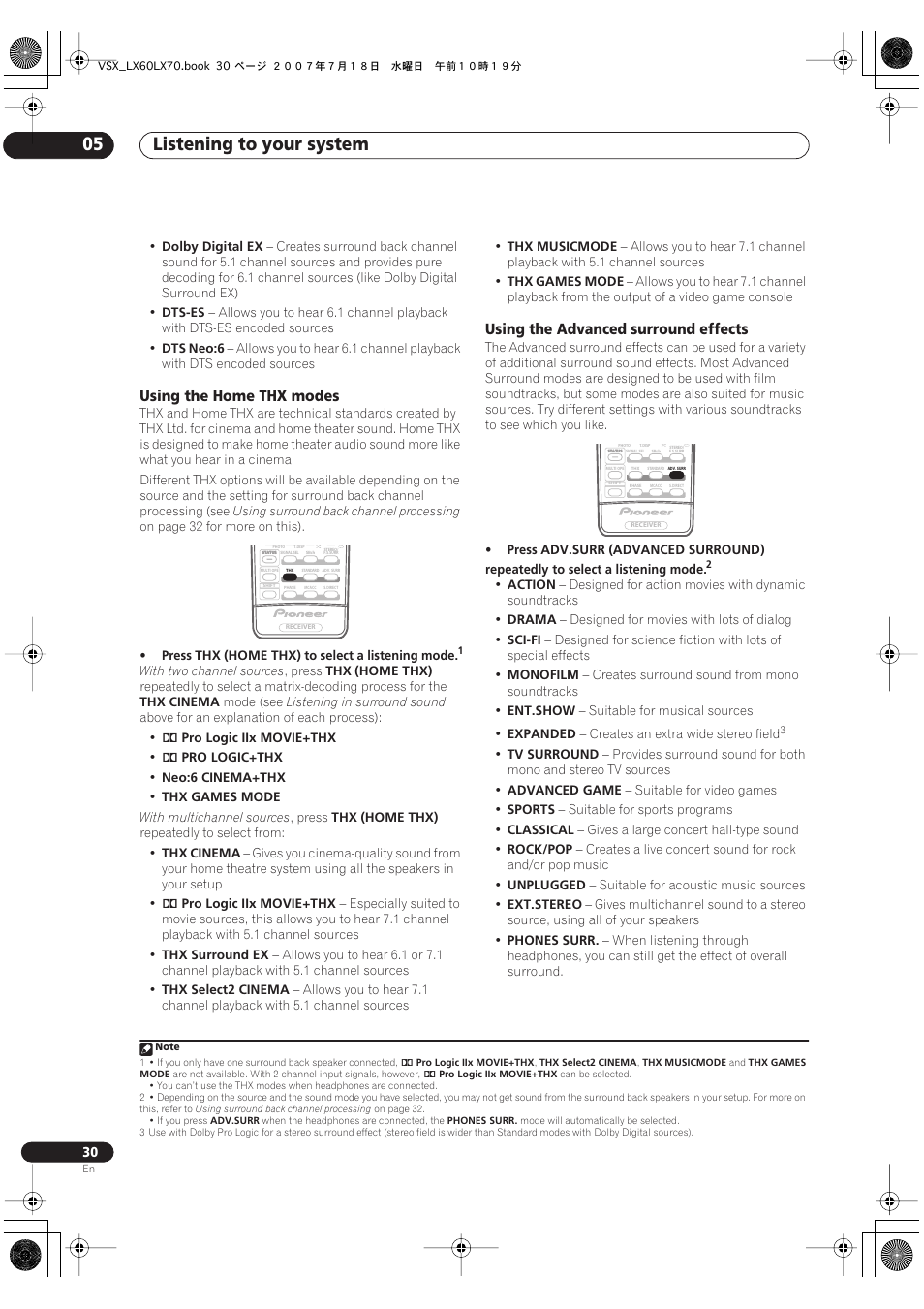 Listening to your system 05, Using the home thx modes, Using the advanced surround effects | Pioneer VSX-LX70 User Manual | Page 30 / 96