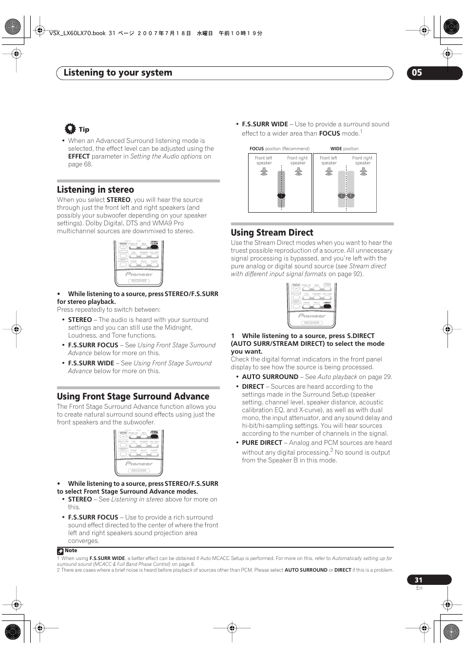 Listening to your system 05, Listening in stereo, Using front stage surround advance | Using stream direct | Pioneer VSX-LX70 User Manual | Page 31 / 96