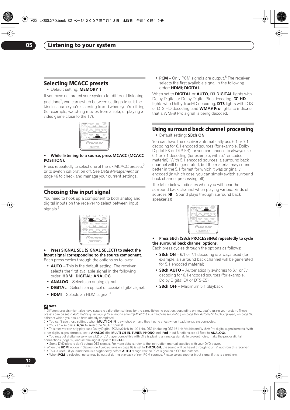 Listening to your system 05, Selecting mcacc presets, Choosing the input signal | Using surround back channel processing | Pioneer VSX-LX70 User Manual | Page 32 / 96