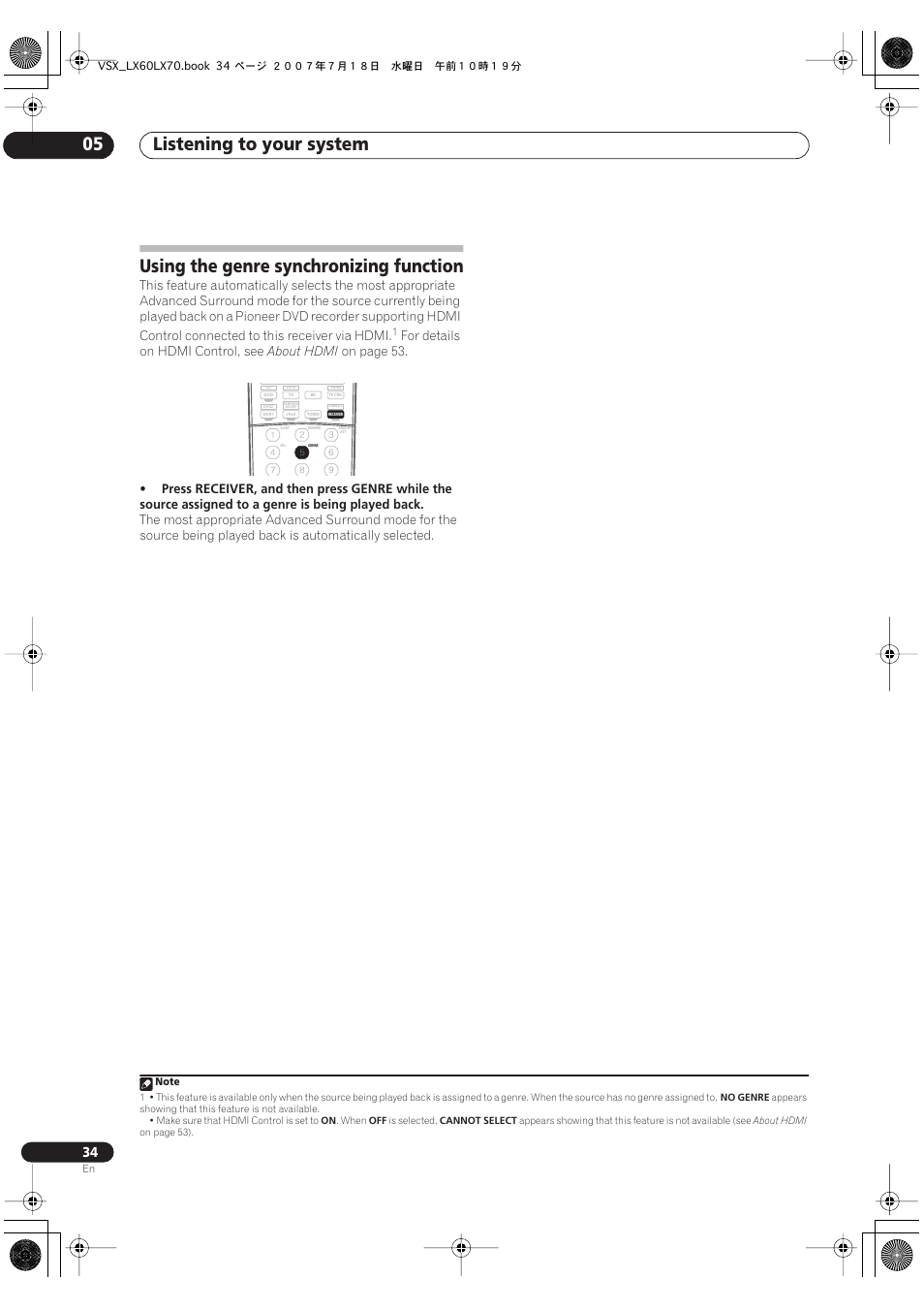 Using the genre synchronizing function, Listening to your system 05 | Pioneer VSX-LX70 User Manual | Page 34 / 96
