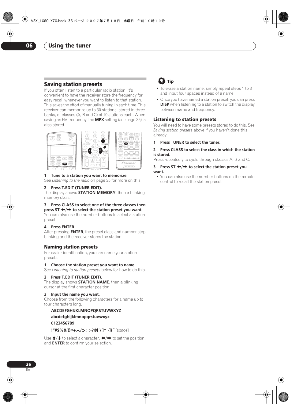 Saving station presets, Using the tuner 06, Naming station presets | Listening to station presets | Pioneer VSX-LX70 User Manual | Page 36 / 96