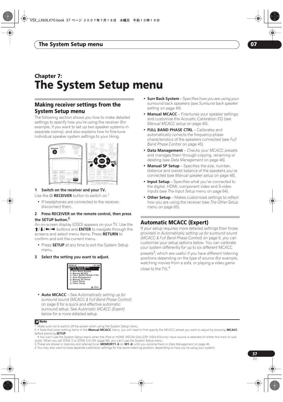 07 the system setup menu, The system setup menu, The system setup menu 07 | Chapter 7, Automatic mcacc (expert) | Pioneer VSX-LX70 User Manual | Page 37 / 96