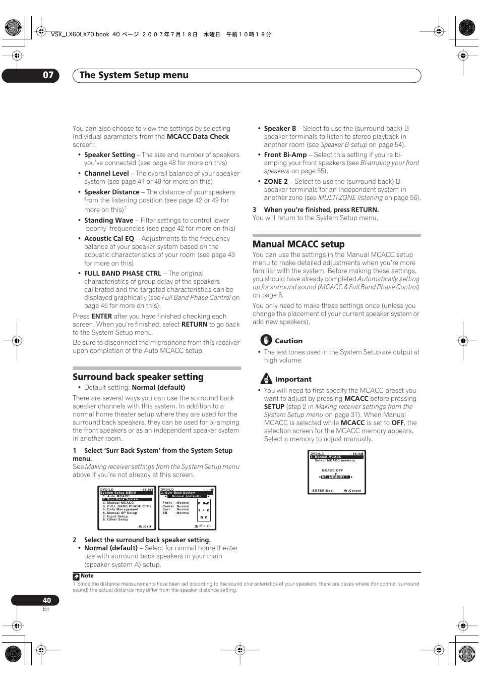 Surround back speaker setting manual mcacc setup, The system setup menu 07, Surround back speaker setting | Manual mcacc setup | Pioneer VSX-LX70 User Manual | Page 40 / 96