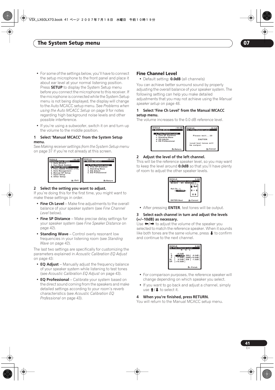 Fine channel level, The system setup menu 07 | Pioneer VSX-LX70 User Manual | Page 41 / 96