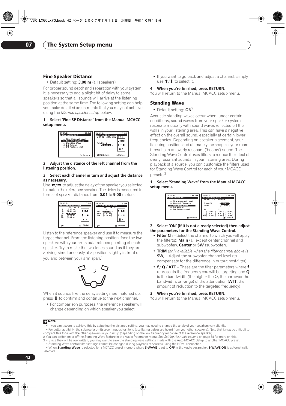 Fine speaker distance standing wave, The system setup menu 07, Fine speaker distance | Standing wave | Pioneer VSX-LX70 User Manual | Page 42 / 96