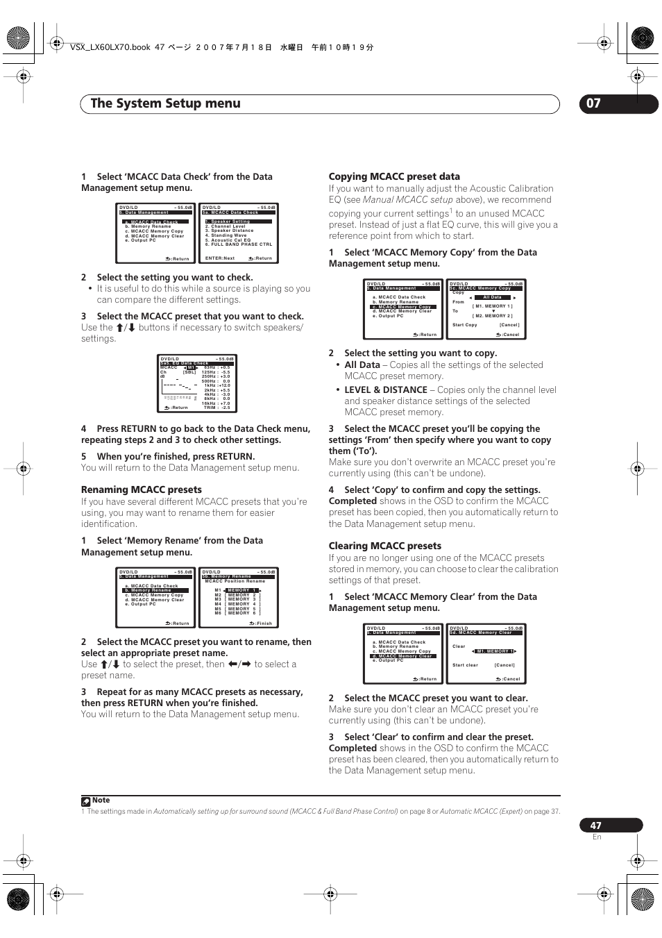 The system setup menu 07, Renaming mcacc presets, Copying mcacc preset data | Clearing mcacc presets | Pioneer VSX-LX70 User Manual | Page 47 / 96