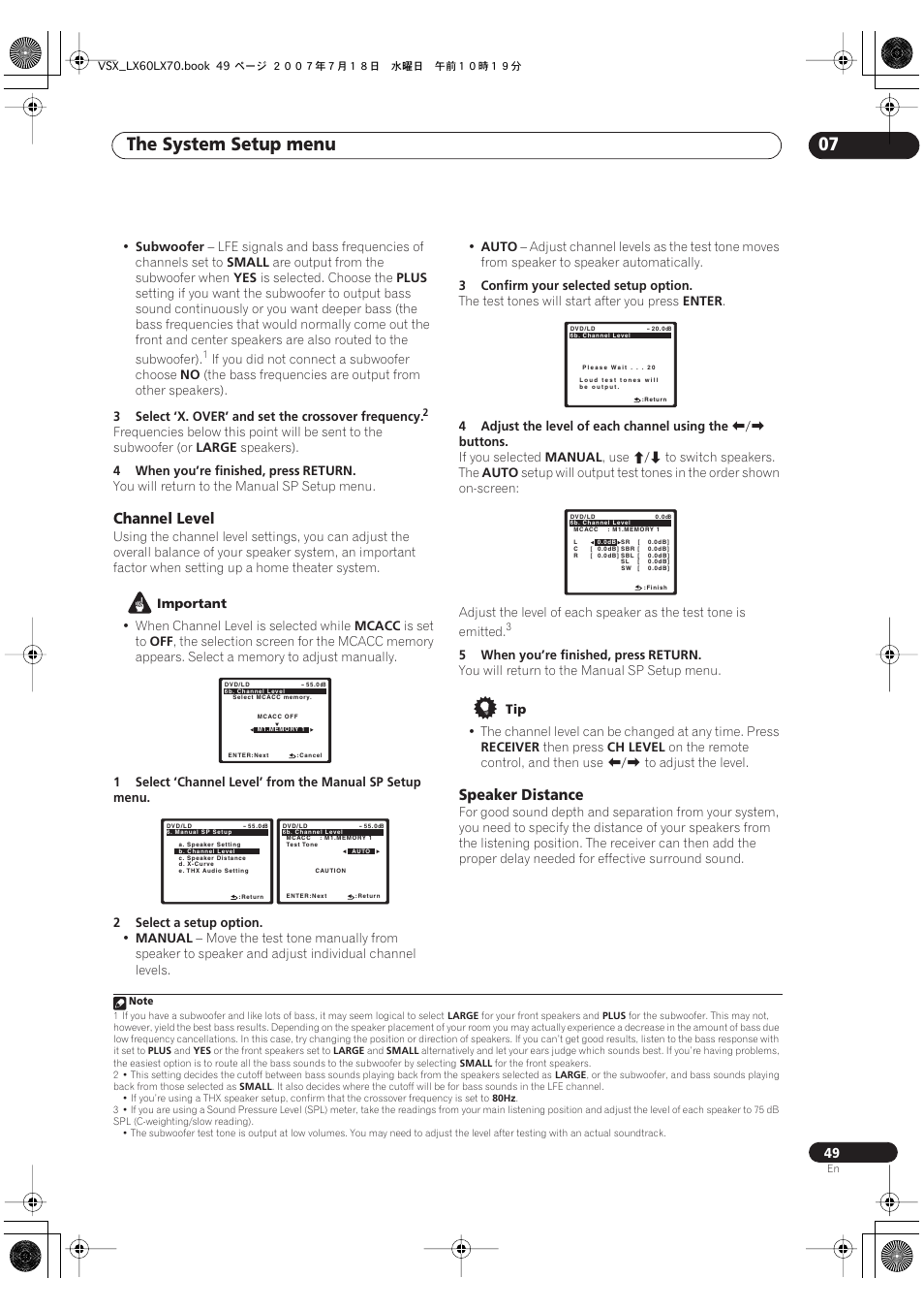 Channel level speaker distance, The system setup menu 07, Channel level | Speaker distance | Pioneer VSX-LX70 User Manual | Page 49 / 96