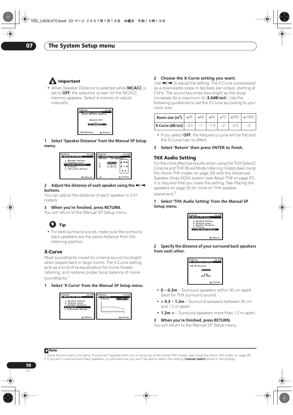 X-curve thx audio setting, The system setup menu 07, X-curve | Thx audio setting | Pioneer VSX-LX70 User Manual | Page 50 / 96