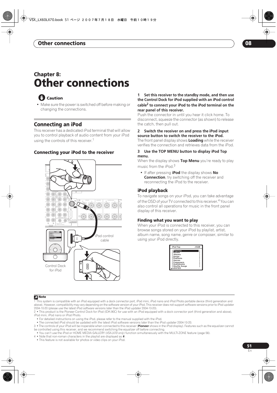 08 other connections, Connecting an ipod, Connecting your ipod to the receiver ipod playback | Other connections, Other connections 08, Chapter 8, Connecting your ipod to the receiver, Ipod playback, Finding what you want to play, Caution | Pioneer VSX-LX70 User Manual | Page 51 / 96
