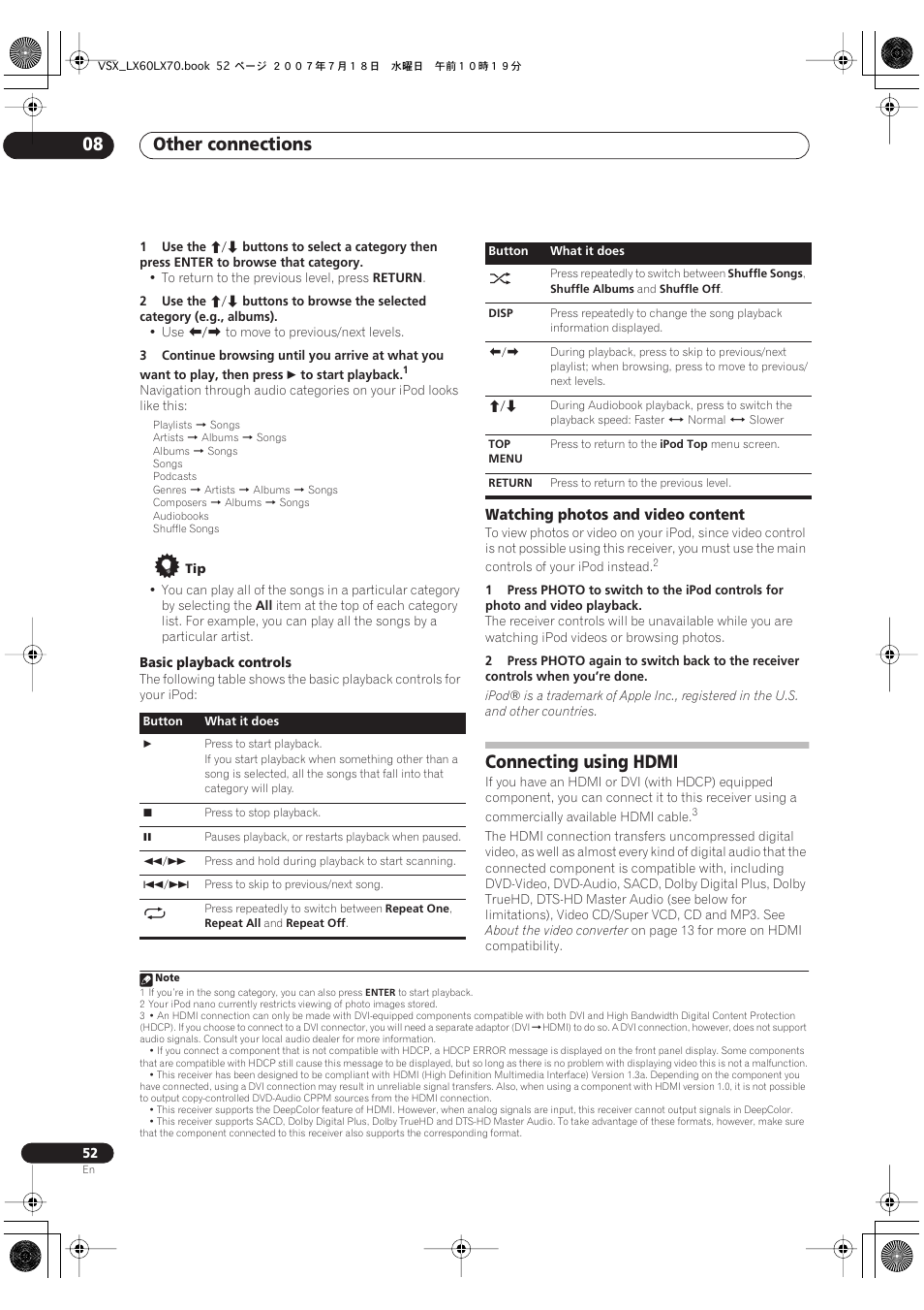 Watching photos and video content, Connecting using hdmi, Other connections 08 | Pioneer VSX-LX70 User Manual | Page 52 / 96