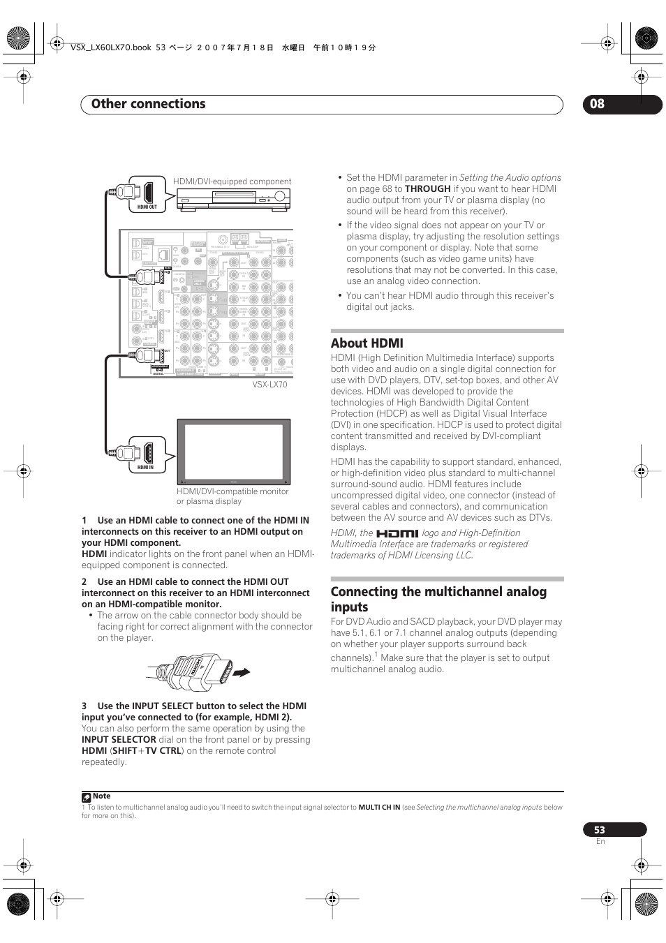 Other connections 08, About hdmi, Connecting the multichannel analog inputs | Hdmi, 3use the, Input select, Input selector, Dial on the front panel or by pressing, Shift, Tv ctrl | Pioneer VSX-LX70 User Manual | Page 53 / 96