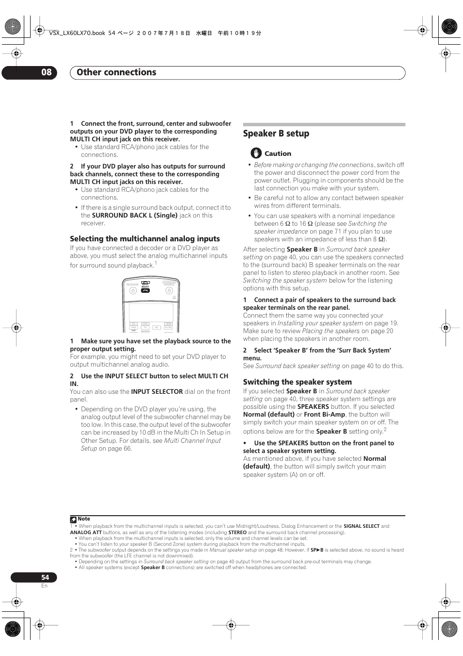 Selecting the multichannel analog inputs, Speaker b setup, Switching the speaker system | Other connections 08 | Pioneer VSX-LX70 User Manual | Page 54 / 96