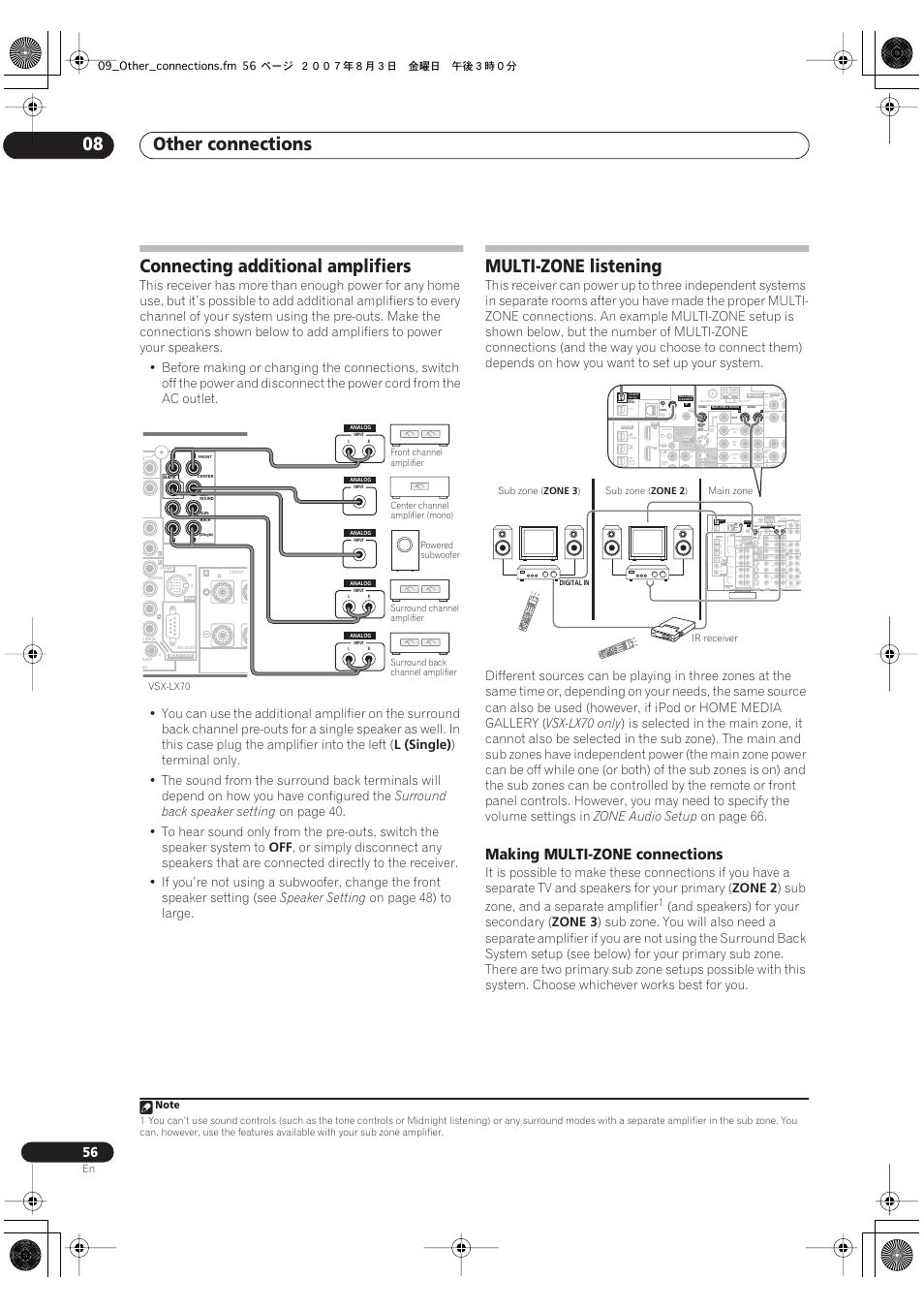 Making multi-zone connections, Other connections 08, Connecting additional amplifiers | Multi-zone listening | Pioneer VSX-LX70 User Manual | Page 56 / 96