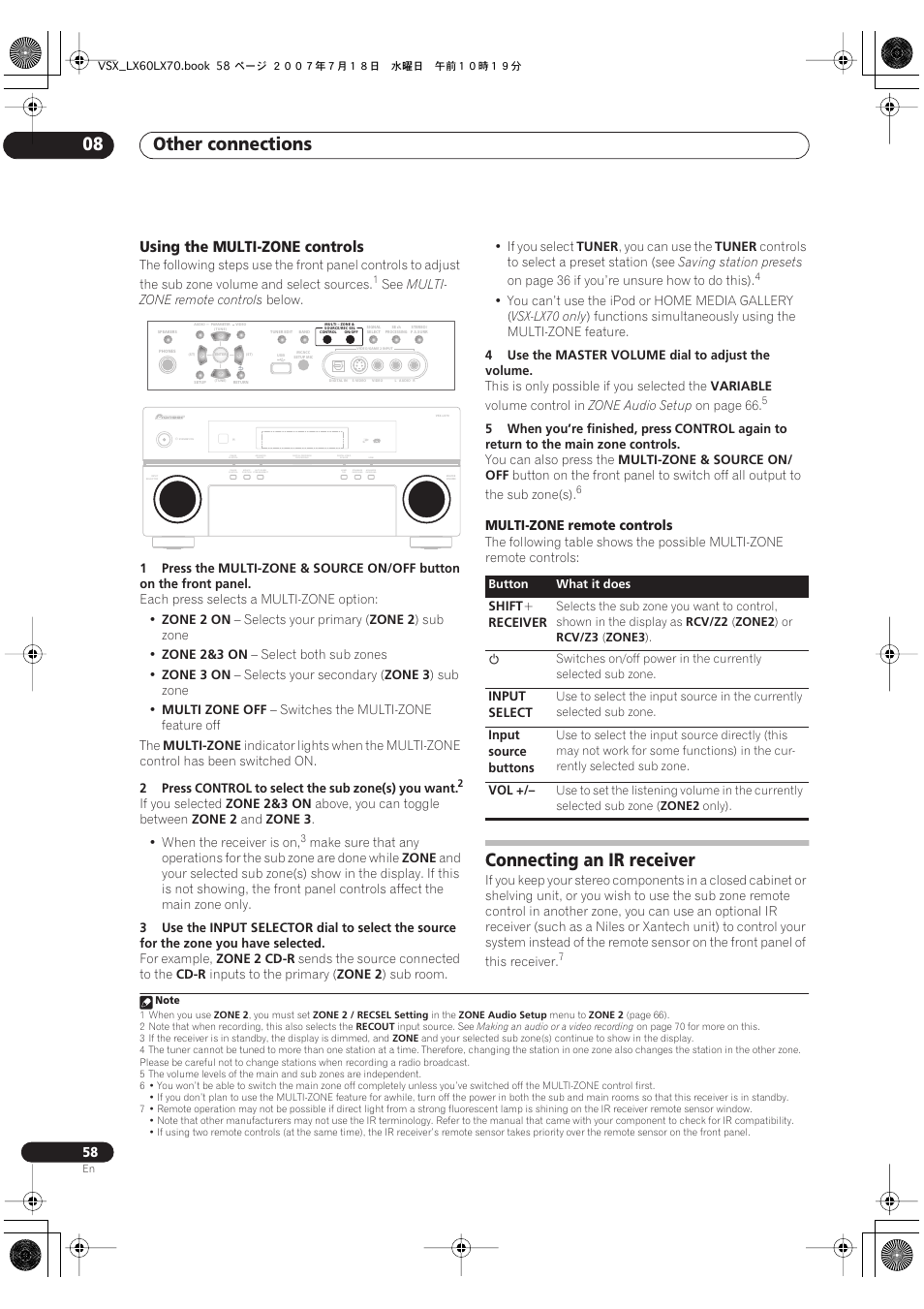 Using the multi-zone controls, Connecting an ir receiver, Other connections 08 | Pioneer VSX-LX70 User Manual | Page 58 / 96