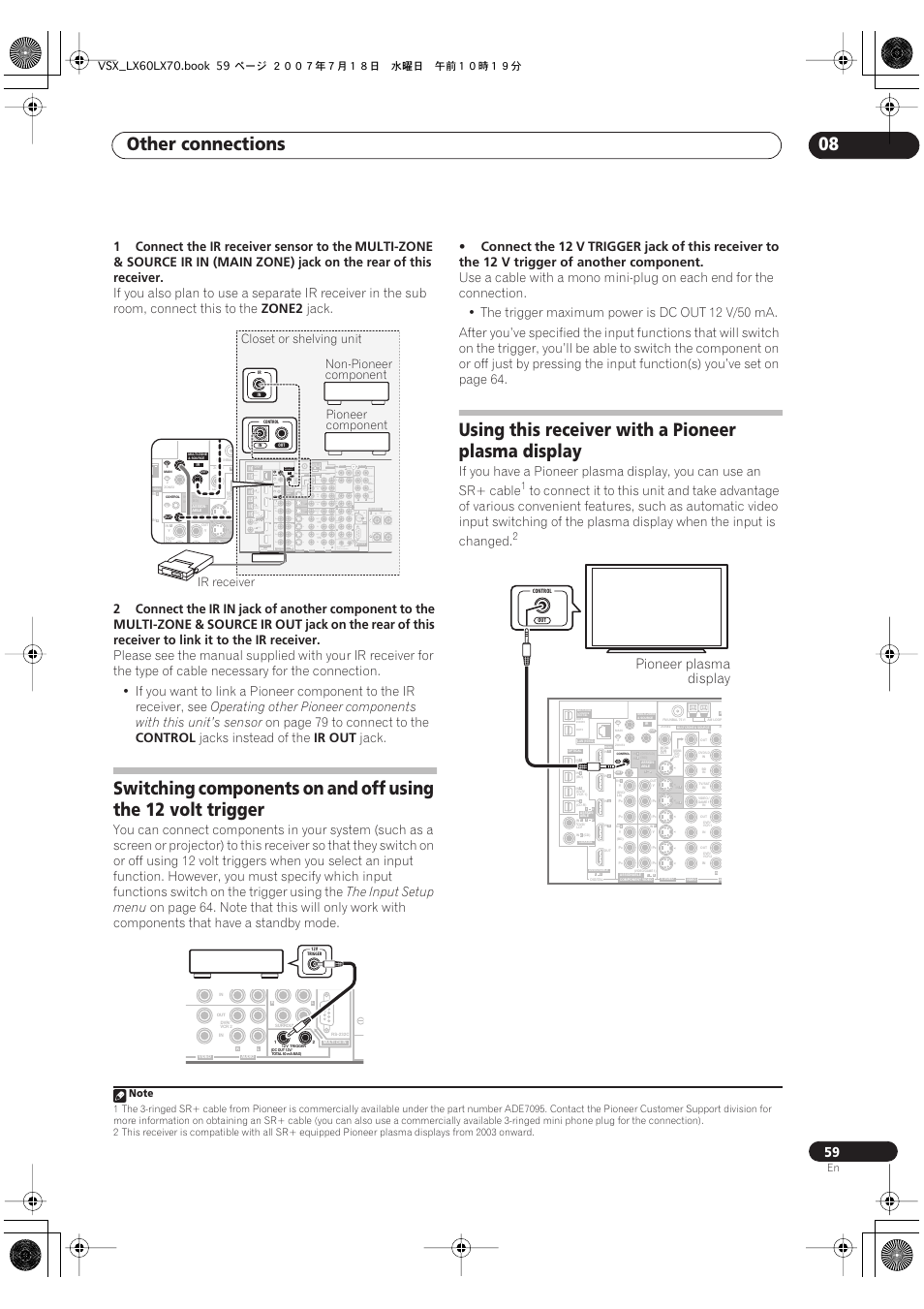 Other connections 08, Using this receiver with a pioneer plasma display, Assign- able 2 1 | Pioneer plasma display, 1connect the ir receiver sensor to the, Multi-zone & source ir in, Main zone, Jack on the rear of this receiver, Zone2, Jack | Pioneer VSX-LX70 User Manual | Page 59 / 96