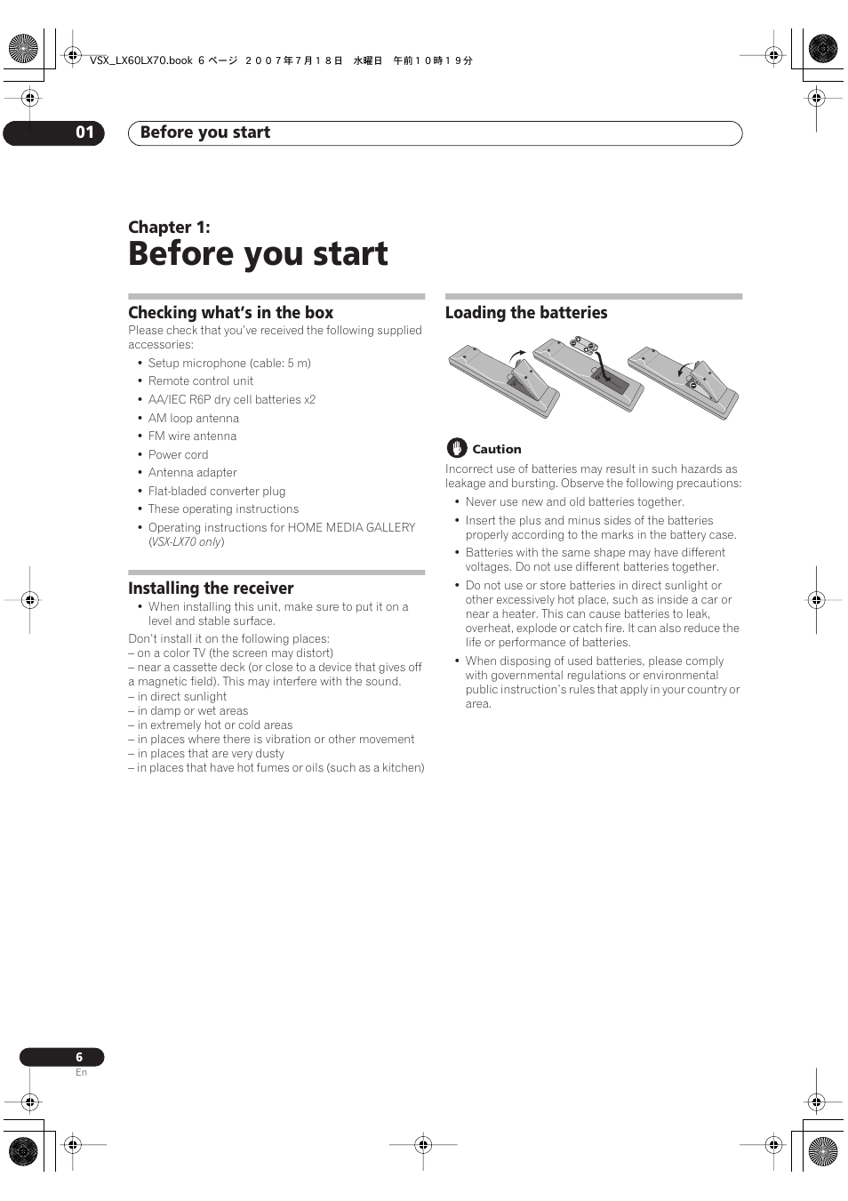 01 before you start, Before you start, Before you start 01 | Chapter 1, Checking what’s in the box, Installing the receiver, Loading the batteries | Pioneer VSX-LX70 User Manual | Page 6 / 96