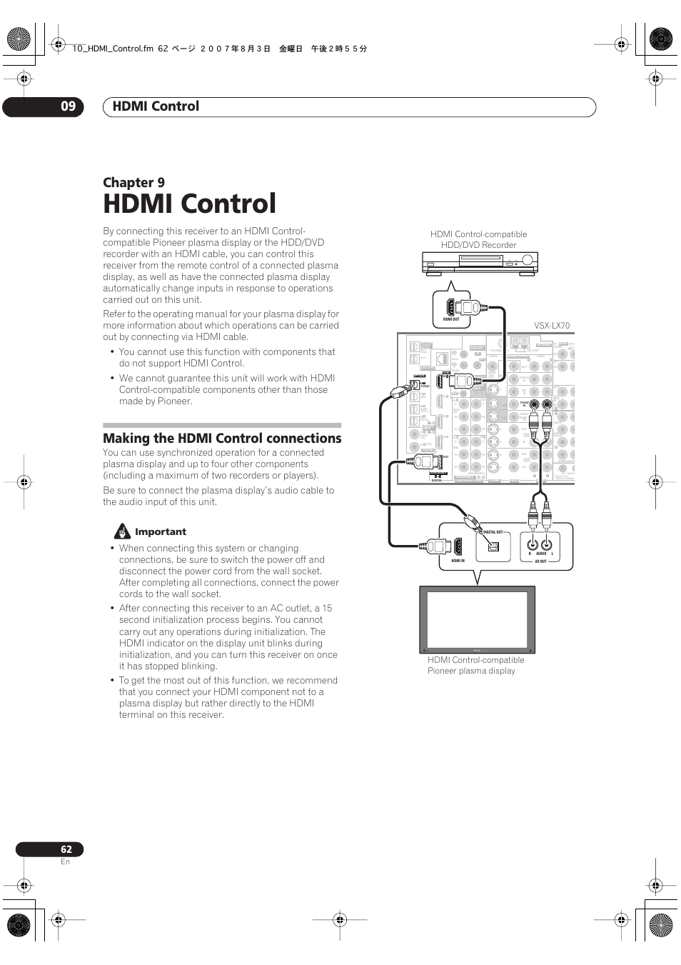 09 hdmi control, Making the hdmi control connections, Hdmi control | Hdmi control 09, Chapter 9, 10_hdmi_control.fm 62 ページ ２００７年８月３日 金曜日 午後２時５５分 | Pioneer VSX-LX70 User Manual | Page 62 / 96