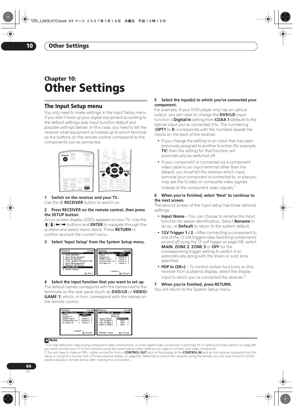 10 other settings, The input setup menu, Other settings | Other settings 10, Chapter 10 | Pioneer VSX-LX70 User Manual | Page 64 / 96