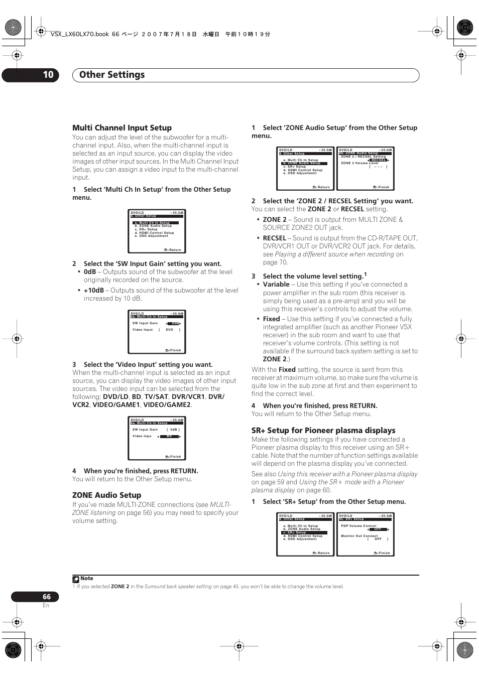 Other settings 10, Multi channel input setup, Zone audio setup | Sr+ setup for pioneer plasma displays | Pioneer VSX-LX70 User Manual | Page 66 / 96