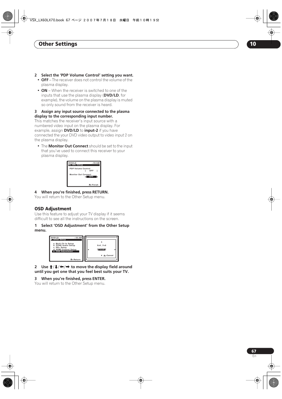 Osd adjustment, Other settings 10 | Pioneer VSX-LX70 User Manual | Page 67 / 96