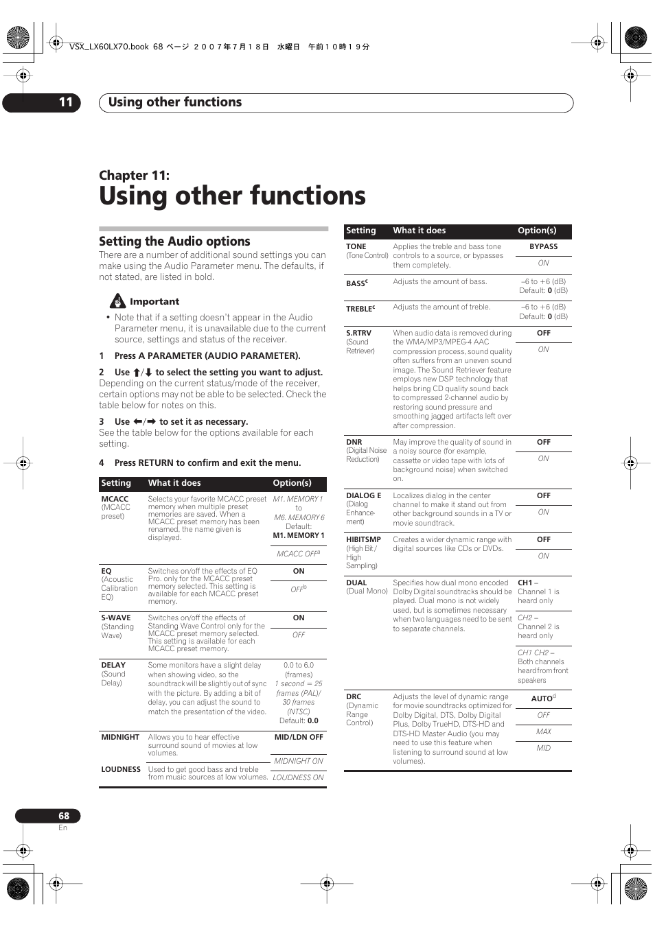 11 using other functions, Setting the audio options, Using other functions | Using other functions 11, Chapter 11 | Pioneer VSX-LX70 User Manual | Page 68 / 96