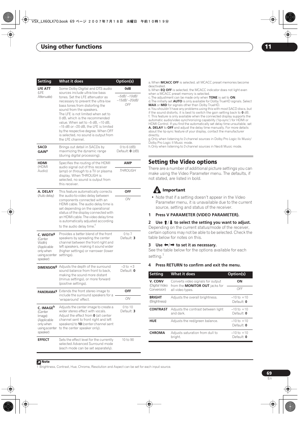 Setting the video options, Using other functions 11 | Pioneer VSX-LX70 User Manual | Page 69 / 96