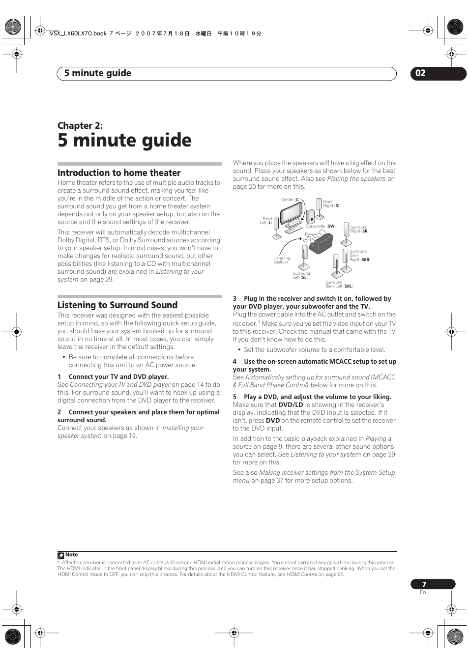 02 5 minute guide, 5 minute guide, 5 minute guide 02 | Chapter 2, Introduction to home theater, Listening to surround sound | Pioneer VSX-LX70 User Manual | Page 7 / 96