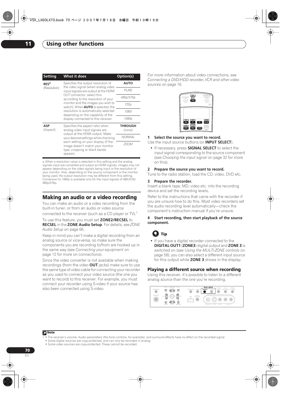 Making an audio or a video recording, Playing a different source when recording, Using other functions 11 | Pioneer VSX-LX70 User Manual | Page 70 / 96