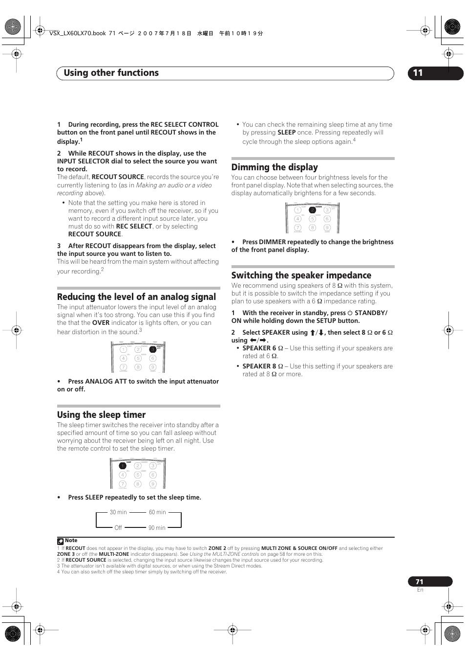 Using other functions 11, Reducing the level of an analog signal, Using the sleep timer | Dimming the display, Switching the speaker impedance | Pioneer VSX-LX70 User Manual | Page 71 / 96