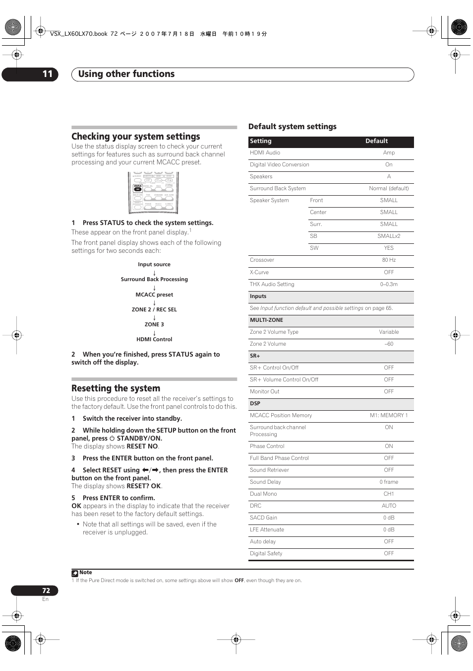 Checking your system settings resetting the system, Default system settings, Using other functions 11 | Checking your system settings, Resetting the system | Pioneer VSX-LX70 User Manual | Page 72 / 96