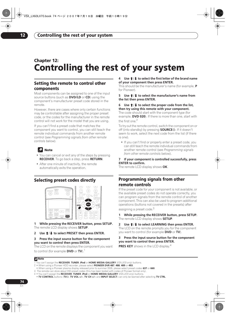 12 controlling the rest of your system, Controlling the rest of your system, Controlling the rest of your system 12 | Chapter 12, Setting the remote to control other components, Selecting preset codes directly, Programming signals from other remote controls | Pioneer VSX-LX70 User Manual | Page 74 / 96