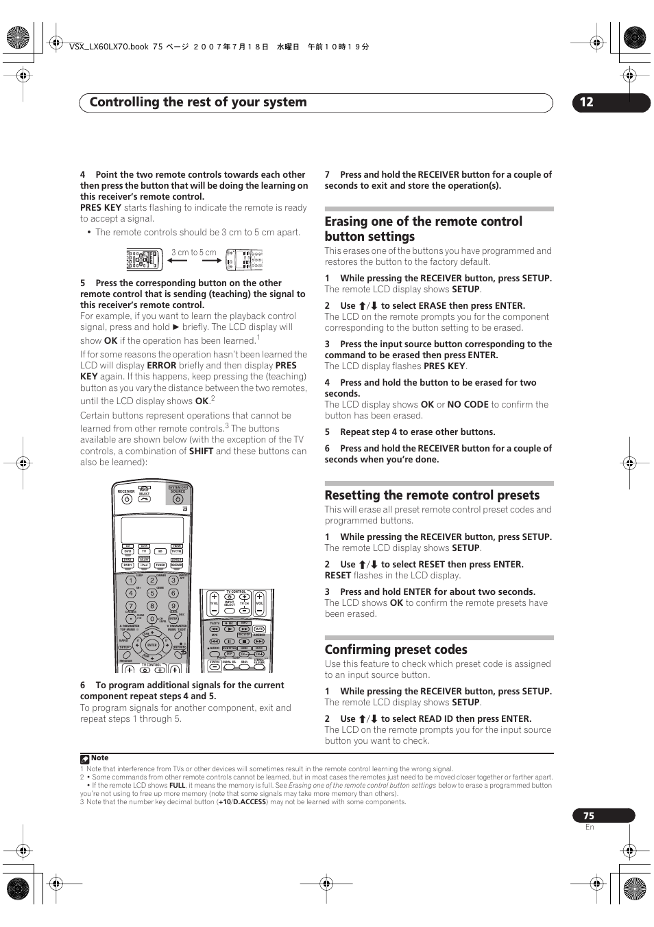 Controlling the rest of your system 12, Erasing one of the remote control button settings, Resetting the remote control presets | Confirming preset codes | Pioneer VSX-LX70 User Manual | Page 75 / 96