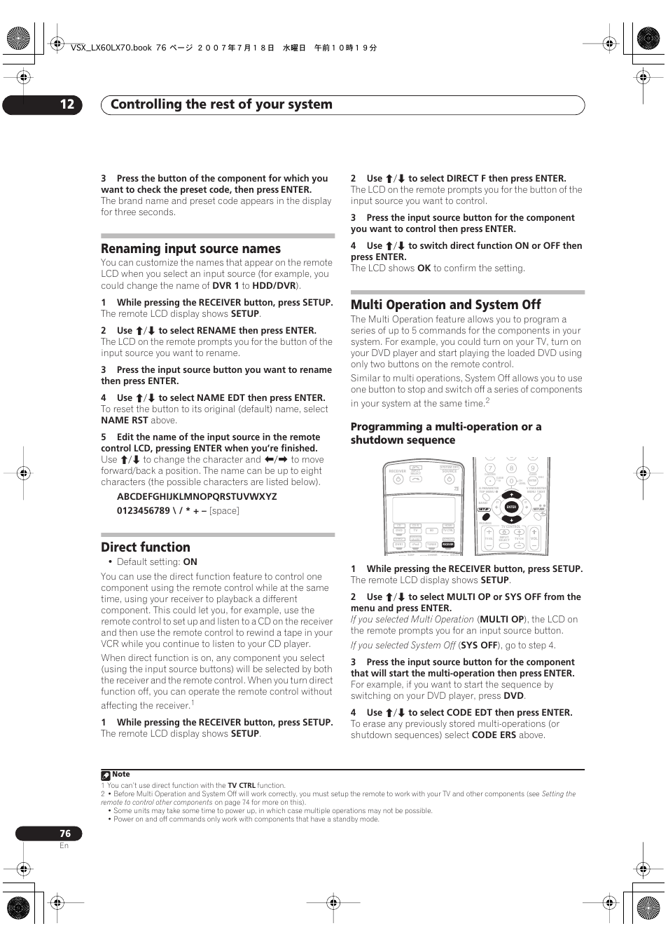 Controlling the rest of your system 12, Renaming input source names, Direct function | Multi operation and system off | Pioneer VSX-LX70 User Manual | Page 76 / 96