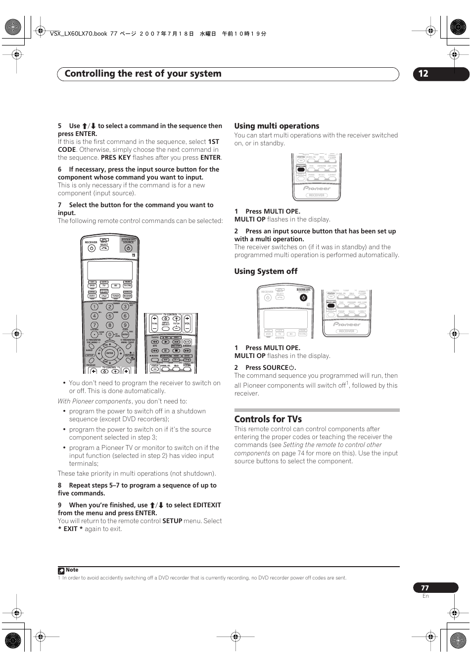 Using multi operations using system off, Controls for tvs, Controlling the rest of your system 12 | Using multi operations, Using system off, 5use, Enter, 1st code, Pres key, Flashes after you press | Pioneer VSX-LX70 User Manual | Page 77 / 96