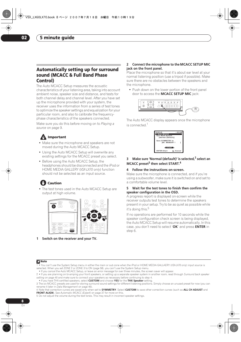 5 minute guide 02, Tune), Parameter | St) audio video | Pioneer VSX-LX70 User Manual | Page 8 / 96